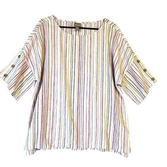 Chico’s Linen Blend Striped Tunic Top Size M White Pink Multi Button Sleeve Boxy - Picture 1 of 13